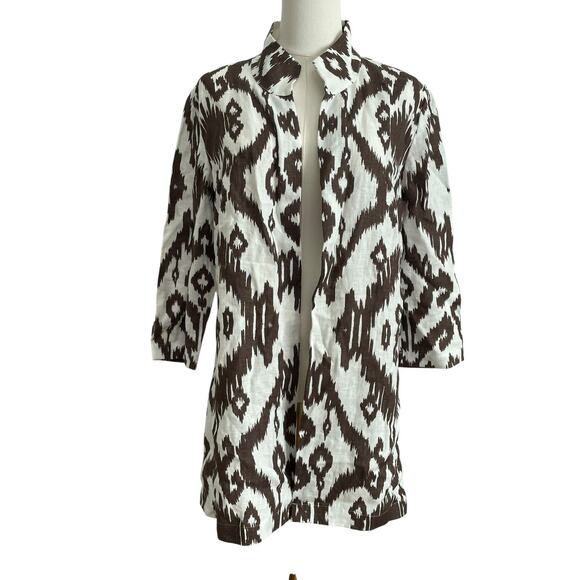 Chico's Linen Blazer Open Cardigan Medium Size 1 Ikat Relaxed Resort Cruise NWT - Picture 1 of 12
